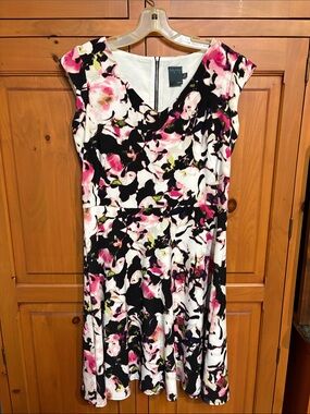 Gabby Skye Black Floral Midi Dress with Pink Accents
